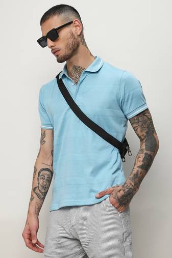 Men's sky blue self-design horizontal striped t-shirt