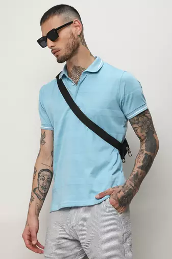 Men's sky blue self-design horizontal striped t-shirt