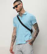 Men's sky blue self-design horizontal striped t-shirt