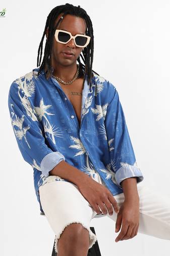 Campus sutra men's ecoliva cobalt blue palm tree shirt