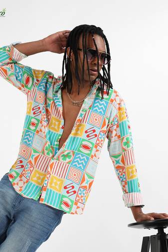 Campus sutra men's ecoliva multicolour mosaic block shirt