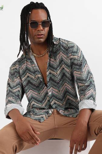 Campus sutra men's ecoliva olive green abstract zig zag shirt