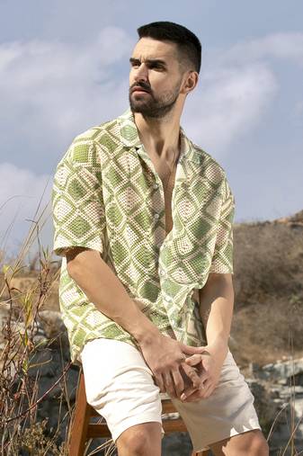 Men's grass green & pale yellow geometric block oversized shirt