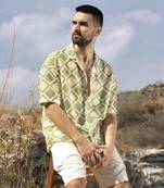 Men's grass green & pale yellow geometric block oversized shirt