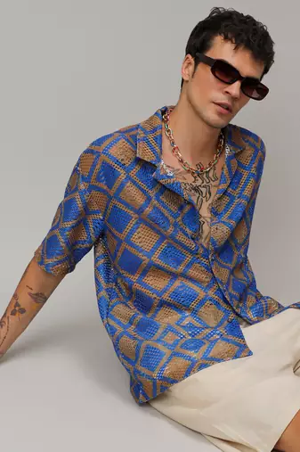 Men's royal blue & mocha brown geometric block oversized shirt