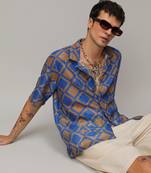 Men's royal blue & mocha brown geometric block oversized shirt