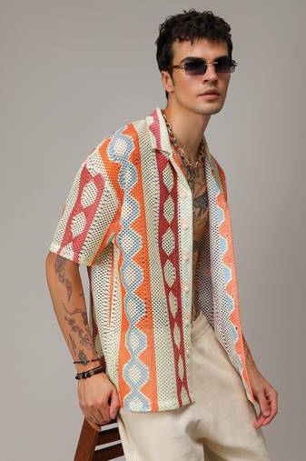 Men's tangerine orange & crimson red geometric block oversized shirt