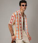 Men's tangerine orange & crimson red geometric block oversized shirt