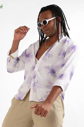 Campus sutra men's ecoliva white & lavender faded floral strokes shirt