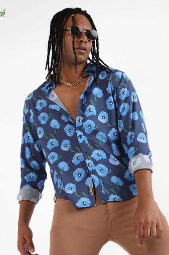 Campus sutra men's ecoliva indigo blue flora block shirt