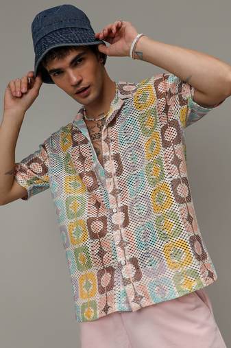 Men's lemon yellow & chocolate brown geometric block oversized shirt
