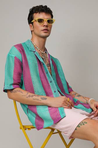 Men's mint green & plum purple balanced striped oversized shirt