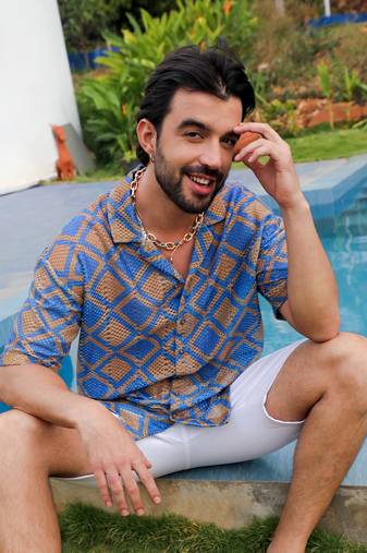 Men's royal blue & mocha brown geometric block oversized shirt