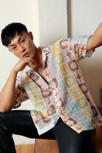 Men's lemon yellow & chocolate brown geometric block oversized shirt