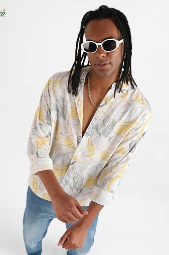 Campus sutra men's ecoliva grey & yellow minimal lined shirt