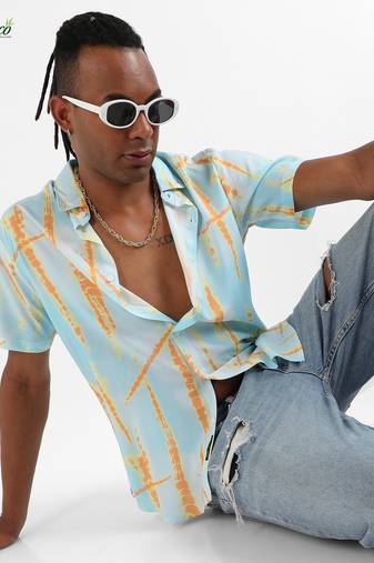 Campus sutra men's ecoliva sky blue &  orange pastel tie dye shirt