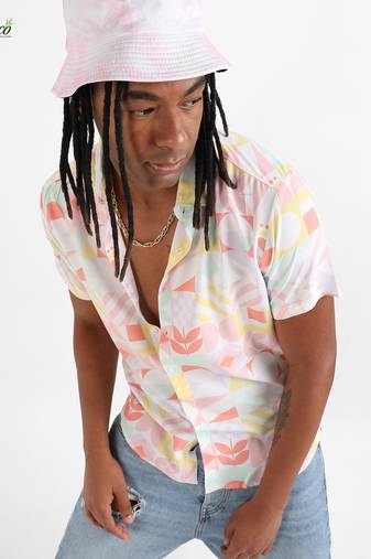 Campus sutra men's ecoliva peach pink geometric floral block shirt