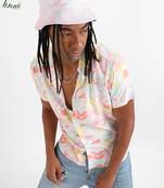 Campus sutra men's ecoliva peach pink geometric floral block shirt