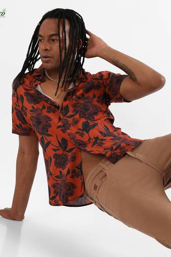 Campus sutra men's ecoliva burnt orange floral bloom shirt