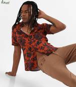 Campus sutra men's ecoliva burnt orange floral bloom shirt