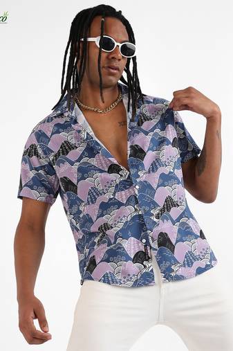 Campus sutra men's ecoliva blue & lavender contrast landscape shirt