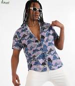 Campus sutra men's ecoliva blue & lavender contrast landscape shirt