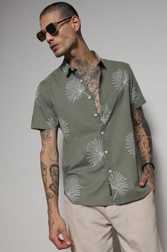 Campus sutra men's sage green minimal botanical shirt