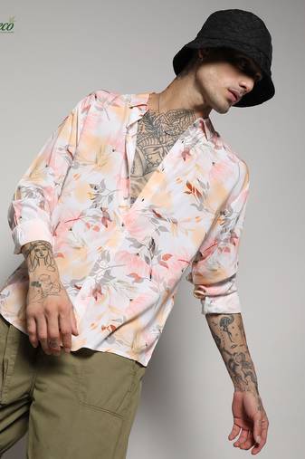Campus sutra men's ecoliva peach pink faded botanical shirt
