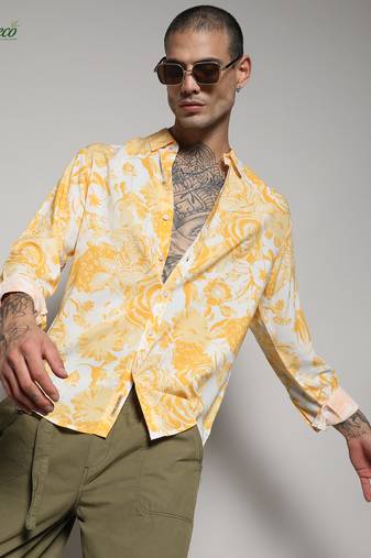 Campus sutra men's ecoliva yellow contrast botanical shirt