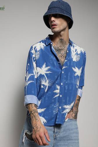 Campus sutra men's ecoliva cobalt blue palm tree shirt