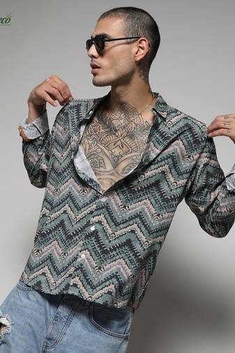 Campus sutra men's ecoliva olive green abstract zig zag shirt