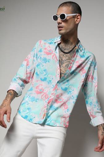 Campus sutra men's ecoliva light blue & baby pink faded roses shirt