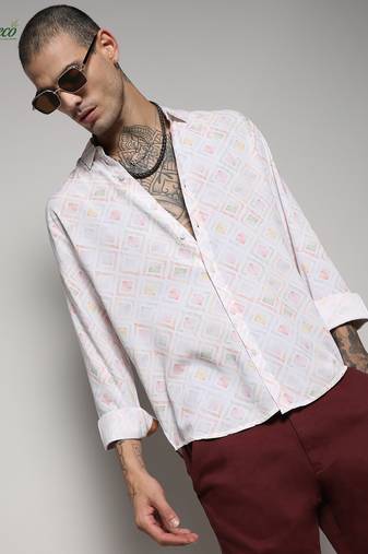 Campus sutra men's ecoliva off-white geometric strokes shirt