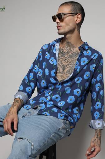 Campus sutra men's ecoliva indigo blue flora block shirt