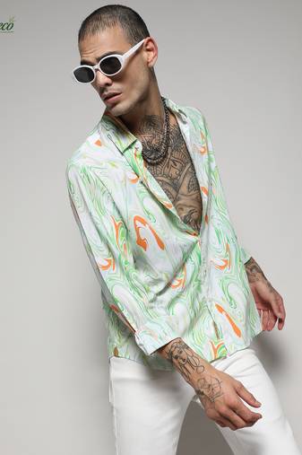 Campus sutra men's ecoliva green & orange contrast fluid shirt