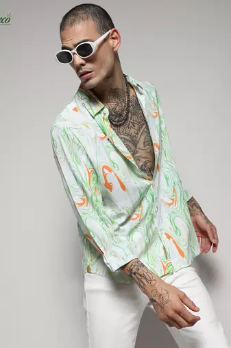 Campus sutra men's ecoliva green & orange contrast fluid shirt