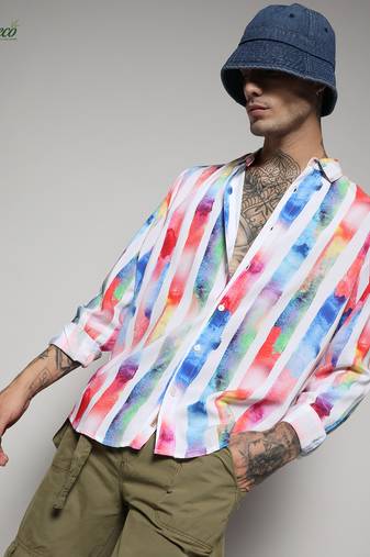 Campus sutra men's ecoliva white tie dye striped shirt