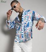 Campus sutra men's ecoliva white & blue geometric palm tree shirt