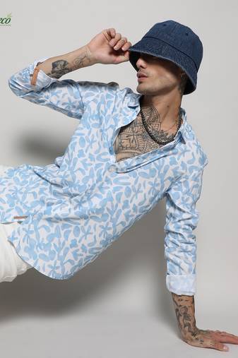 Campus sutra men's ecoliva white & blue water strokes shirt