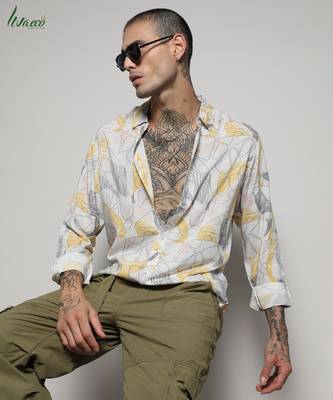 Campus sutra men's ecoliva grey & yellow minimal lined shirt 1