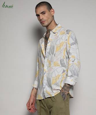 Campus sutra men's ecoliva grey & yellow minimal lined shirt 2