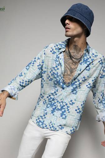 Campus sutra men's ecoliva blue geometric lined shirt
