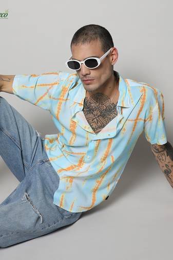 Campus sutra men's ecoliva sky blue &  orange pastel tie dye shirt