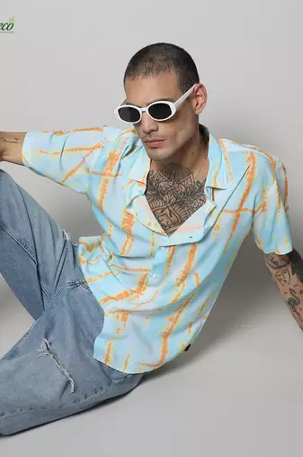 Campus sutra men's ecoliva sky blue &  orange pastel tie dye shirt