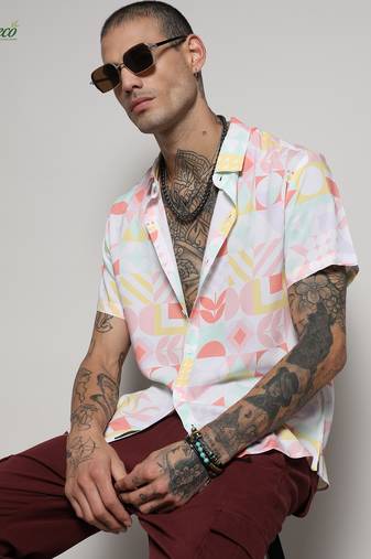 Campus sutra men's ecoliva peach pink geometric floral block shirt