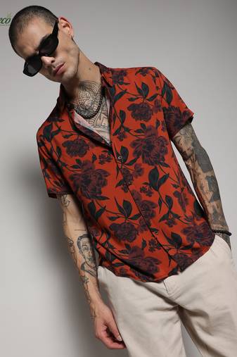 Campus sutra men's ecoliva burnt orange floral bloom shirt