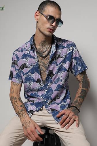 Campus sutra men's ecoliva blue & lavender contrast landscape shirt