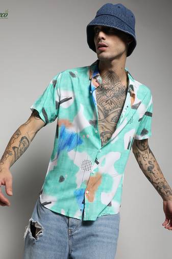 Campus sutra men's ecoliva mint green abstract strokes shirt
