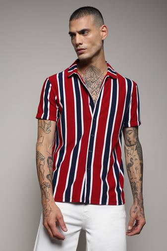 Men's navy blue & crimson red club striped shirt