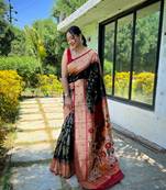 Black color pure soft paithani silk saree with rich weaved paithani pallu